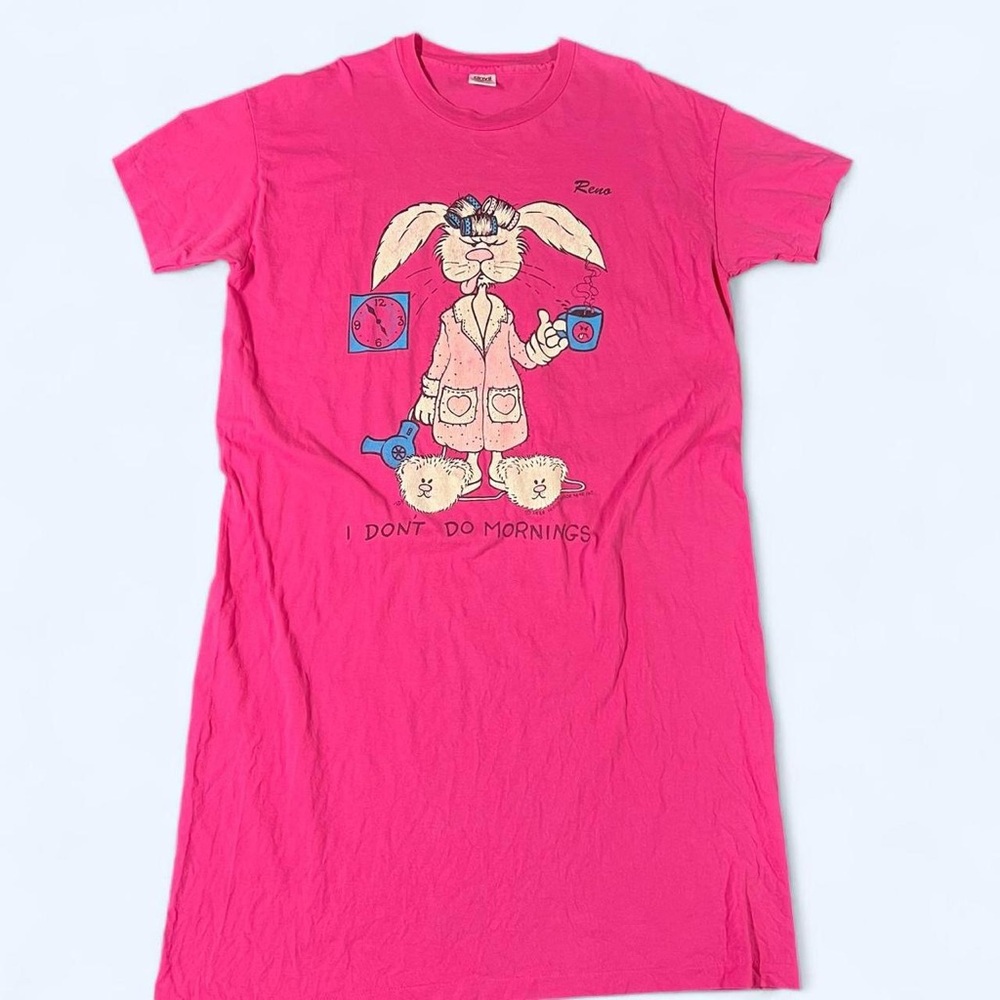 Vintage 80s Pink Bunny Pajamas Oversized Shirt Nightgown Retro Graphic Reno